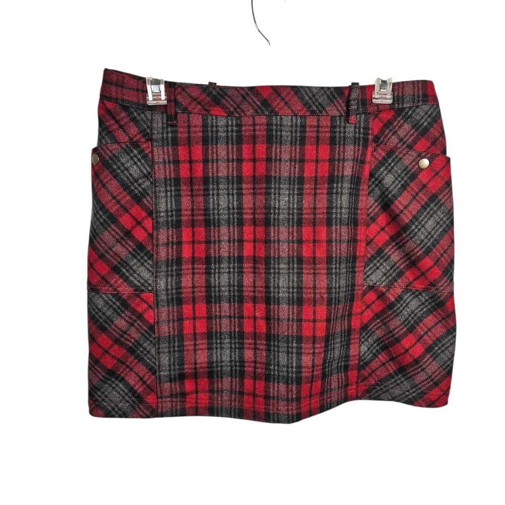 Eddie Bauer Plaid Wool Blend Dark Academia Mini Skirt Red Grey Tartan Womens 14